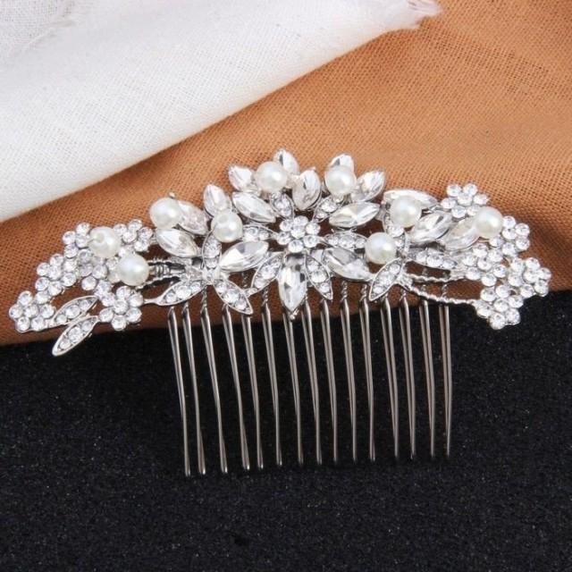 wedding photo - Vintage Pearl Crystal Hair Comb Bridal Hair Jewelry Silver