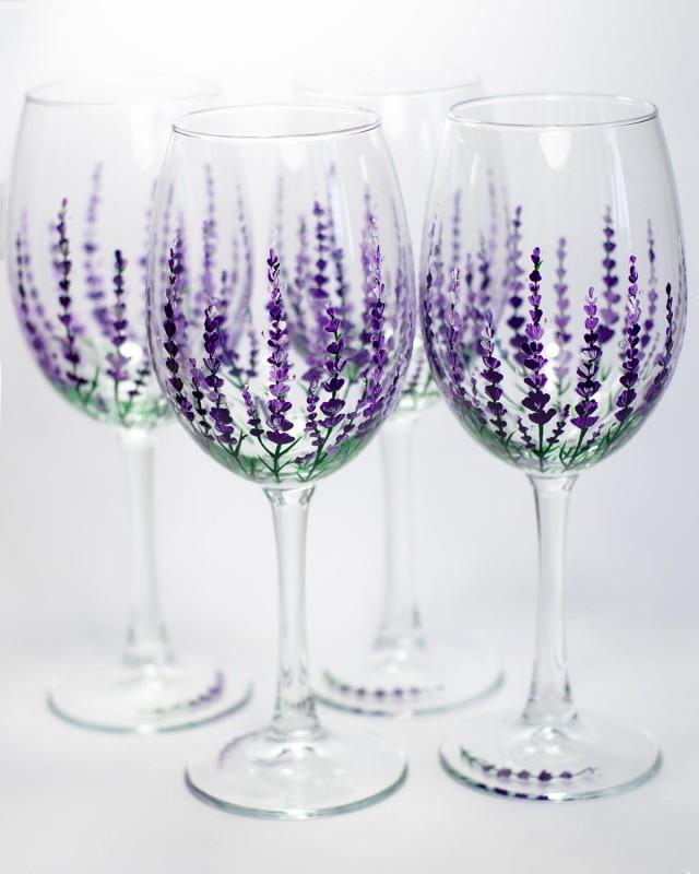wedding photo - Lavender Wine Glasses Wedding, Mothers Day Gift, Hand Painted Personalized Bachelorette Party Glasses, Lavender glasses Garden Party favor, 4 glasses - $102.00 USD