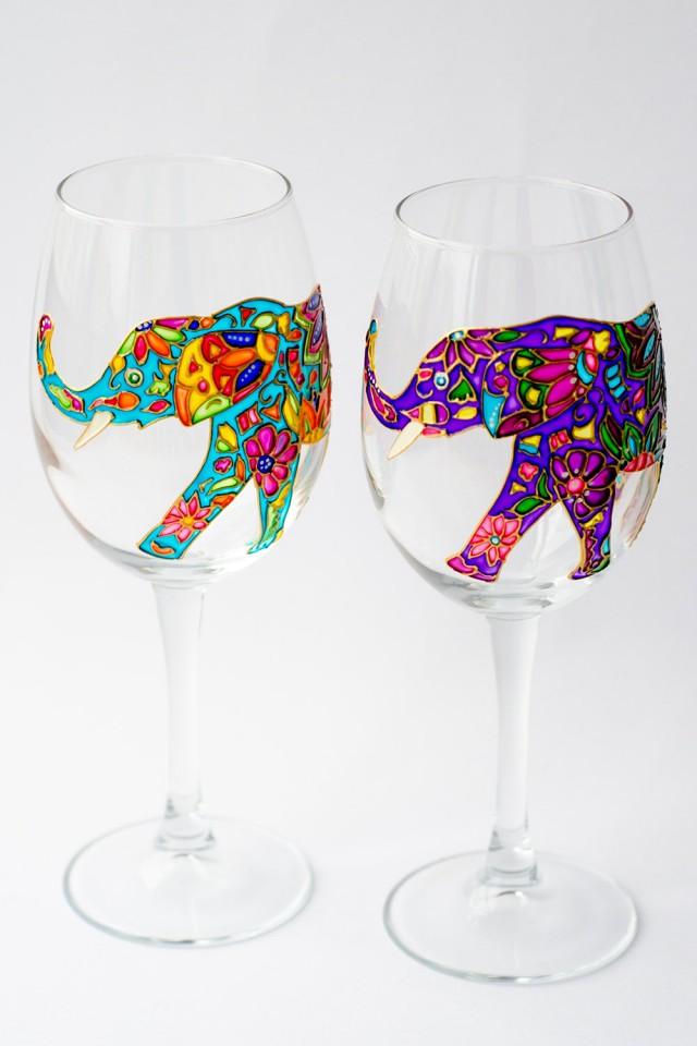 wedding photo - Elephant Wine Glasses Hand Painted, Wine glass for Bridesmaid Wedding Glasses, Bohemian Elephant, Toasting glasses - $54.50 USD