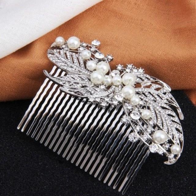 wedding photo - Leaf Ivory Pearl Bridal Hair Accessories Comb Silver
