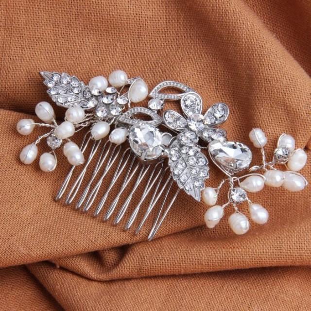 wedding photo - Vintage Crystal Pearl Bridal Hair Comb Silver