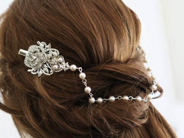 wedding photo - Rose Wedding Bridal Headpiece Pearl Crystal Wedding Hair Pins Bridal Head Chain Rhinestone Wedding Hair Accessories Leaf Hair Comb Swarovski - $52.00 USD
