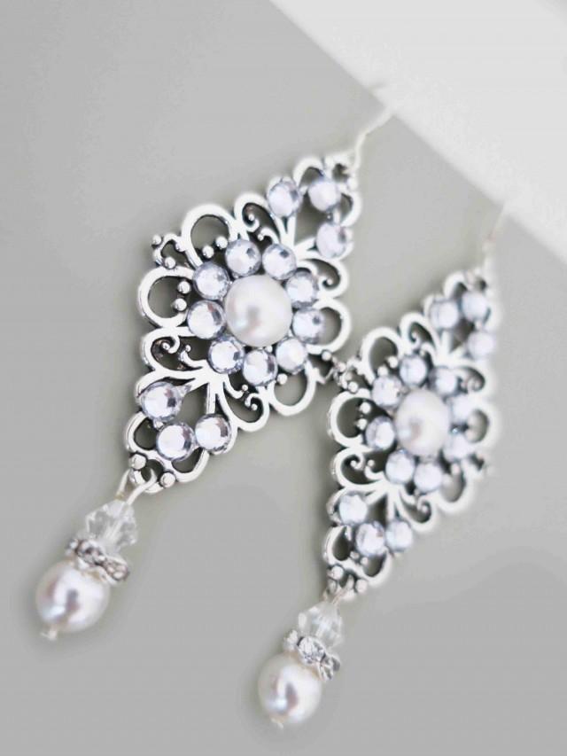 wedding photo - Crystal Pearl Earrings Wedding Chandelier Earrings Bridal Jewelry Art Deco Swarovski Ivory White Pearl Sterling Silver Bridesmaid Jewelry - $35.00 USD