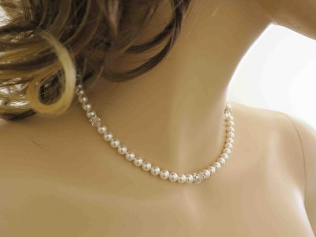wedding photo - Crystal and Pearl Necklace Swarovski Bridal Jewelry Wedding Pearl Necklace Classic Pearl Necklace Crystal Brides Maid Jewelry One strand - $37.00 USD