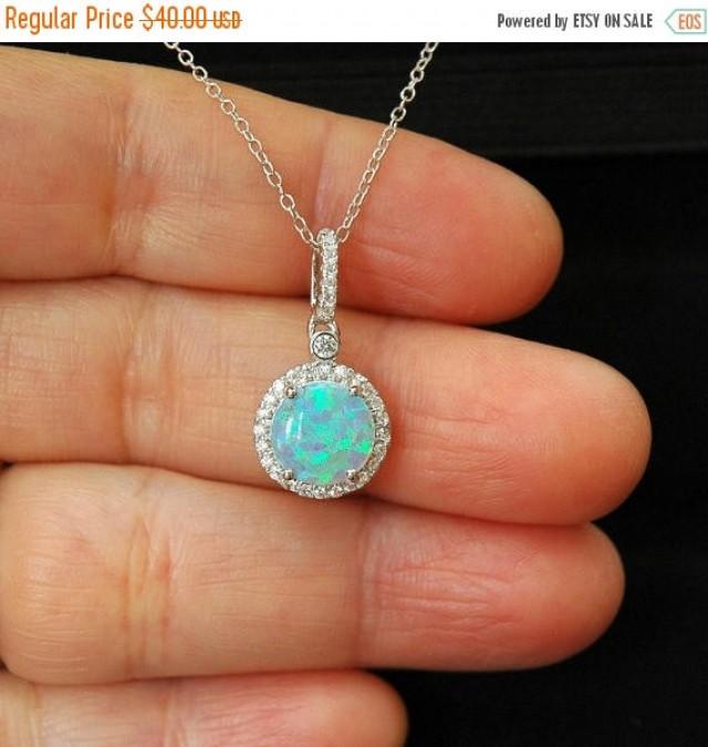wedding photo - Blue Opal October Birthstone Charm Necklace, White Opal Pendant, Silver CZ Opal Diamond Necklace, Dainty Necklace, Gifts for Her - $36.00 USD
