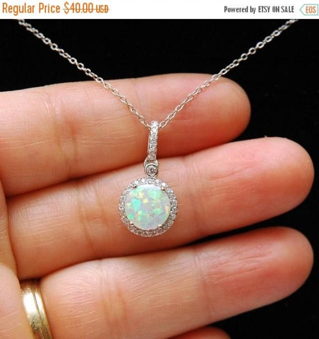 wedding photo - White Opal October Birthstone Charm Necklace, Blue Opal Pendant, Silver CZ Opal Diamond Necklace, Dainty Necklace, Gifts for Her - $36.00 USD