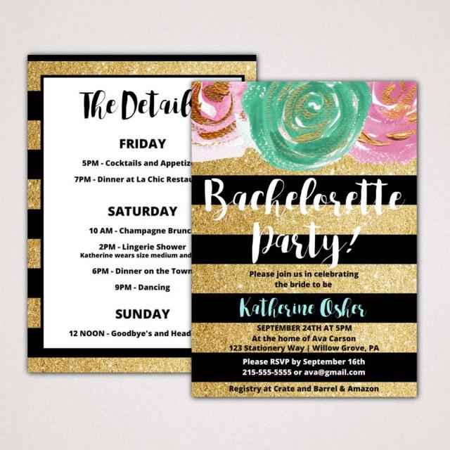 wedding photo - Gold and Black Bachelorette Party Invitation with Itinerary Template: A Printable Glitter Weekend Invite, Instant Download Editable PDF K004