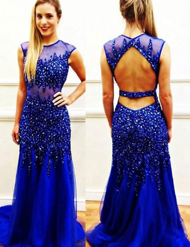 wedding photo - royal blue prom dress,long prom dress,mermaid prom dress,open back prom dress,beaded evening gown,BD3759