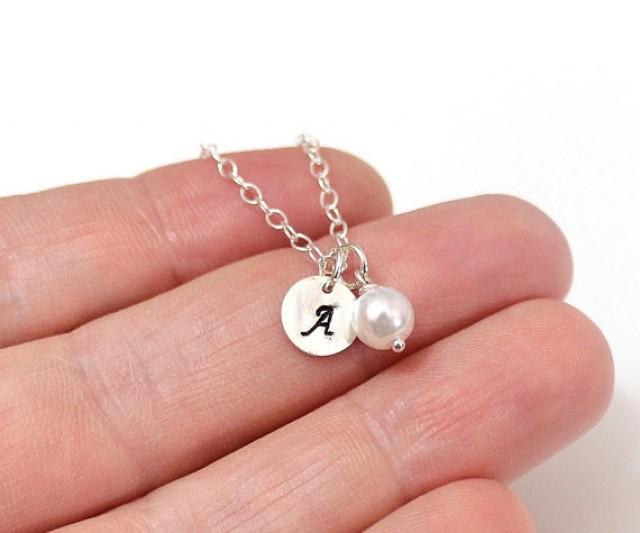 wedding photo - Initial Pearl Necklace, Sterling Silver Initial Necklace, Initial Charm, Pearl Charm Necklace, Sterling Silver Necklace, Charm Necklace