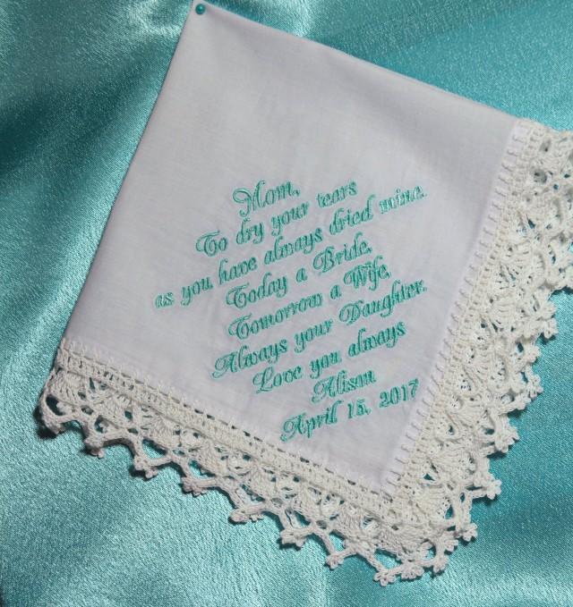 wedding photo - Wedding gift for Mom from daughter Wedding Handkerchief Gift for Mother of the bride gift from the Bride Personalized hankie Custom Hanky - $18.01 USD