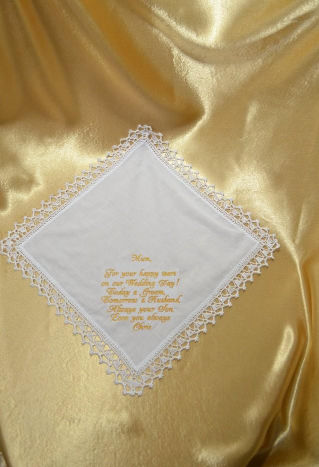 wedding photo - Wedding Handkerchief Mother of the groom Gift for Mother from the Groom Personalized Embroidered wedding Custom Hanky hankie Wedding Gift - $18.00 USD