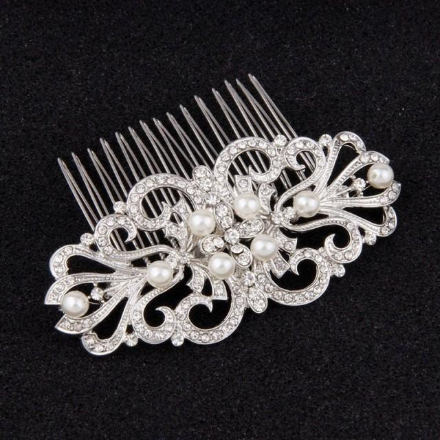 wedding photo - Vintage Pearl Bridal Hair Side Combs for Wedding Silver
