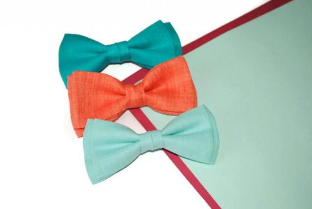 wedding photo - wedding gift set for groomsmen turquiose green bow tie coral bow tie mint blue bow tie linen bowtie for men self tie bow ties groomsmen djfh - $9.15 USD