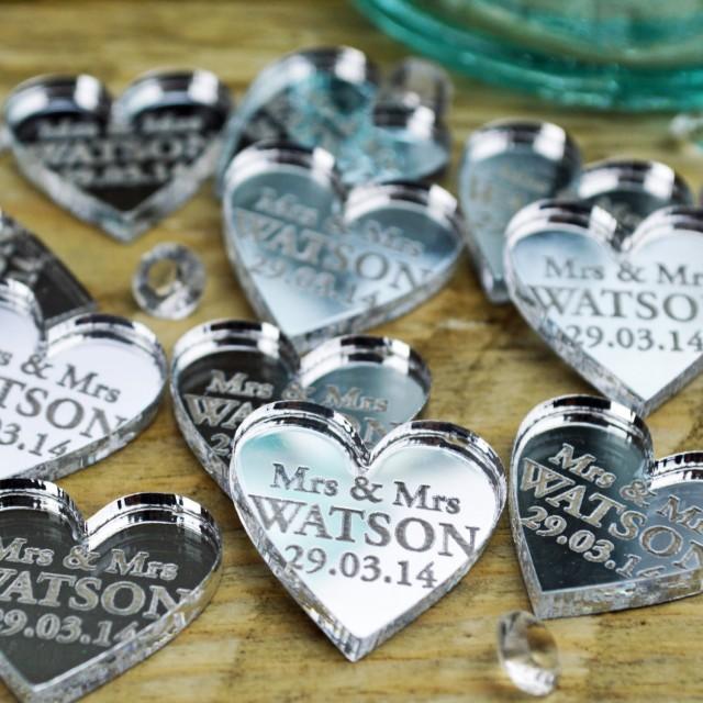 Personalised Heart Wedding Table Centerpieces Decorations 2CM,  Mirror Decor, Mrs & Mrs Wedding Favours, Wedding Accessories, Anniversary