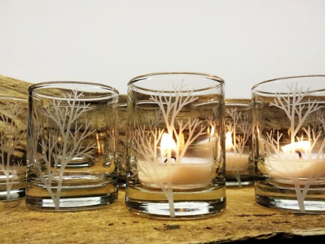 50 Piece Set &#39;Tree Branch&#39; Candle Holders Wedding Favors Engraved Glass Votive Holders Fall Decor Woodland Wedding