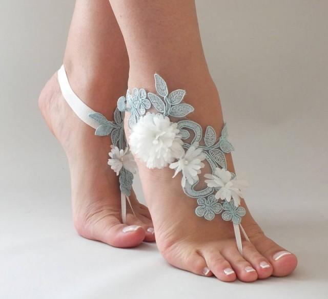 wedding photo - Blue Lace Barefoot Sandals 3D ivory Flowers Sandals Beach wedding Barefoot Sandals,Footless sandles Bridal Lace Shoes, Bridesmaid Sandals - $29.90 USD