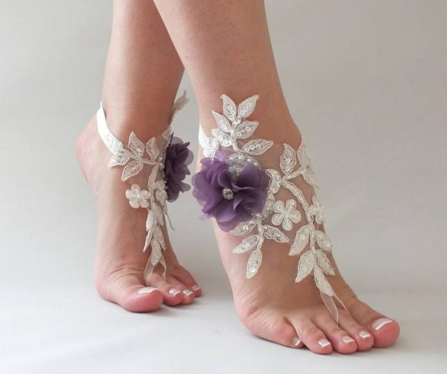 wedding photo - Ivory Purple Flowers Lace Barefoot Sandals Wedding Barefoot beach wedding barefoot sandals Nude shoes, Bridal party, Bridesmaid gifts - $26.90 USD