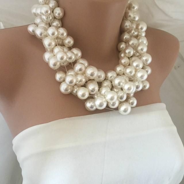 wedding photo - Handmade Layered Brides Statement Pearl Necklace, Weddings Pearl Choker - $137.00 USD