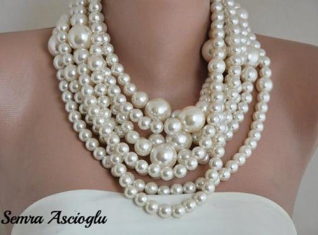 wedding photo - Wedding Pearl Necklace ,Huge Pearl Necklace, pearl necklace multistrand choker Ivory pearl necklace ,pearls , chunky pearls , - $137.00 USD