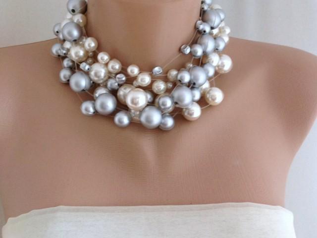wedding photo - Bridal Pearl necklace, multistrand choker, Wedding Pearl Necklace ,Silver Gray Pearl Necklace, pearl necklace ,pearls , chunky pearls , - $107.00 USD