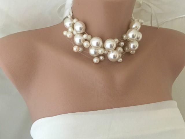 Handmade Brides Statement Pearl Choker , Weddings Pearl Necklace with Satin Ribbon - $68.00 USD