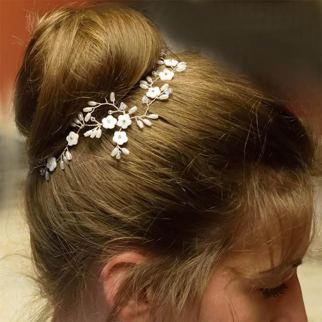 wedding photo - Wedding jewelry set, bridal hair vine, bridal necklace, bridal fascinator, white hairpiece, wedding headpiece, crystal headband, silver set - $38.00 USD