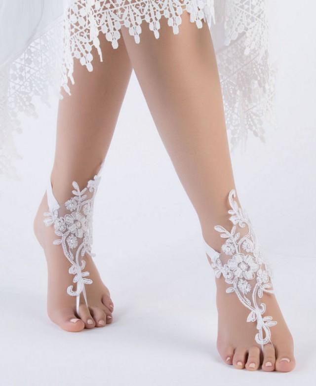 wedding photo - Romantic White Lace Barefoot Sandals Beach wedding Barefoot Sandals, Bridal Lace Shoes Foot Jewelry Bridesmaid Sandals, Anklet - $29.90 USD