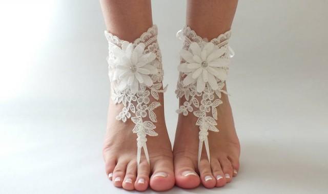 wedding photo - Free Ship ivory foot jewelry, lace sandals, beach wedding barefoot sandals, wedding bangles, anklets, bridal, wedding - $29.90 USD