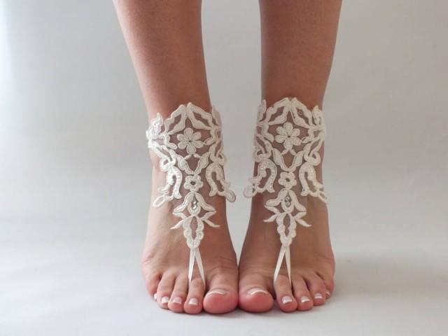wedding photo - ivory lace barefoot sandals, FREE SHIP, beach wedding barefoot sandals, bridal accessory, lace shoes, bridesmaid gift, beach shoes - $27.90 USD