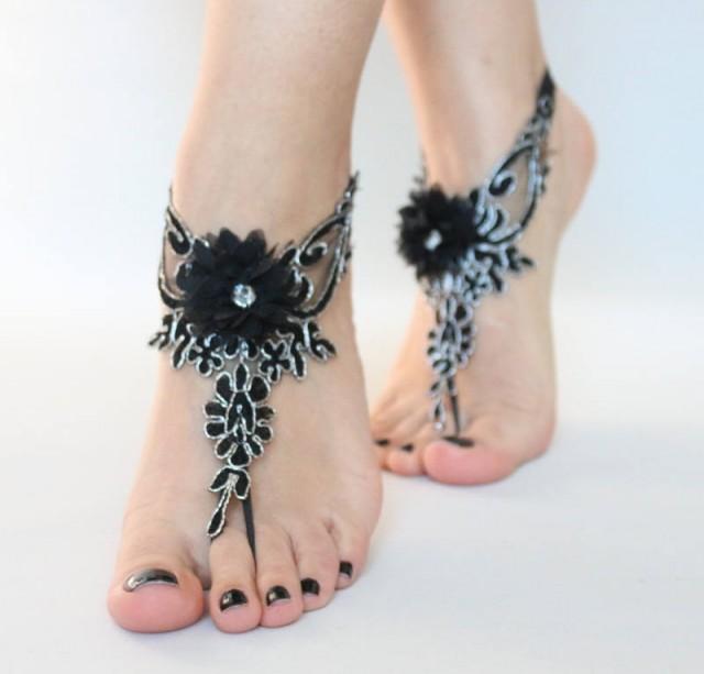 wedding photo - Bohemian Foot Jewellry Black Silver 3D flowers Beach wedding Barefoot Sandals Lace Sandles, Bridal Lace Shoes, Foot Jewelry Belly Dance, - $27.90 USD