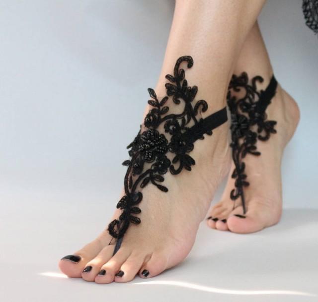 wedding photo - Gothic Lace sandals for wedding, Black Foot Jewelry bridal sandals, wedding sandal, Embroidered anklet, sandles for wedding, Beach sandles, - $29.90 USD