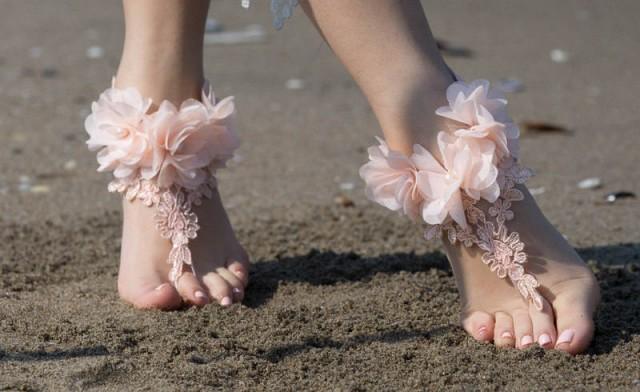 wedding photo - Salmon Peach Barefoot Sandals, Lace Barefoot Sandals, Bridal Lace Shoes, Beach wedding Barefoot Sandals, Wedding Shoes, Bridesmaid Sandals - $29.90 USD