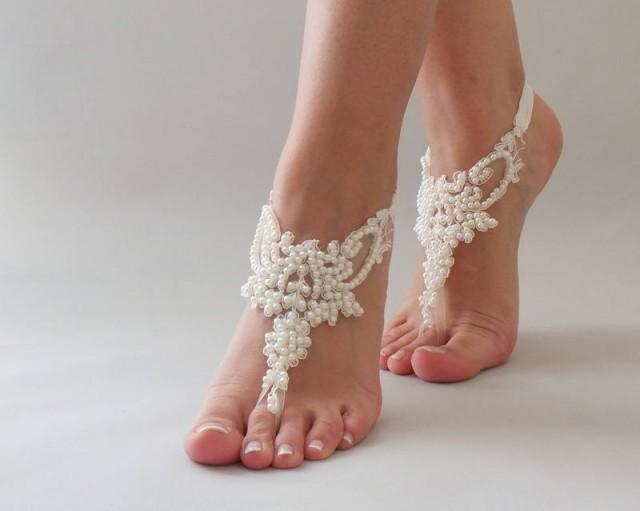 wedding photo - Bridal Anklet, Pearl Lace Barefoot Sandals, FREE SHIPPING Beach Wedding Barefoot Sandals, Lace Wedding Shoes Beach Sandals Pool Party - $35.90 USD