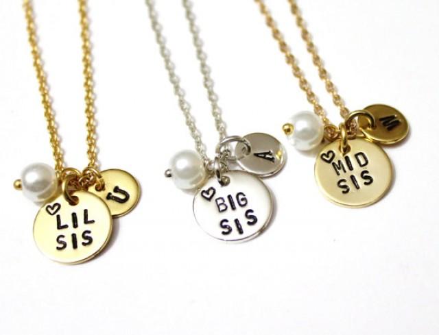 wedding photo - Lil Sis,Mid Sis & Big Sis necklace,Gift for Sisters,Hand Stamped Necklace, Personalized Necklace, Custom Gift, Initial Necklace, Sister Gift