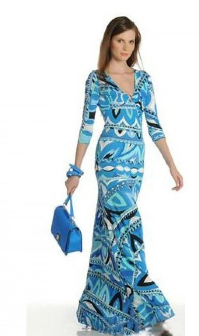 Emilio Pucci Blue Print V-Neck Long Sleeve Maxi Dress