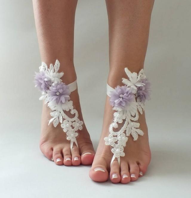 wedding photo - Ivory lilac Flowers Lace Barefoot Sandals Wedding Barefoot beach wedding barefoot sandals Nude shoes, Bridal party, Bridesmaid gifts - $32.90 USD