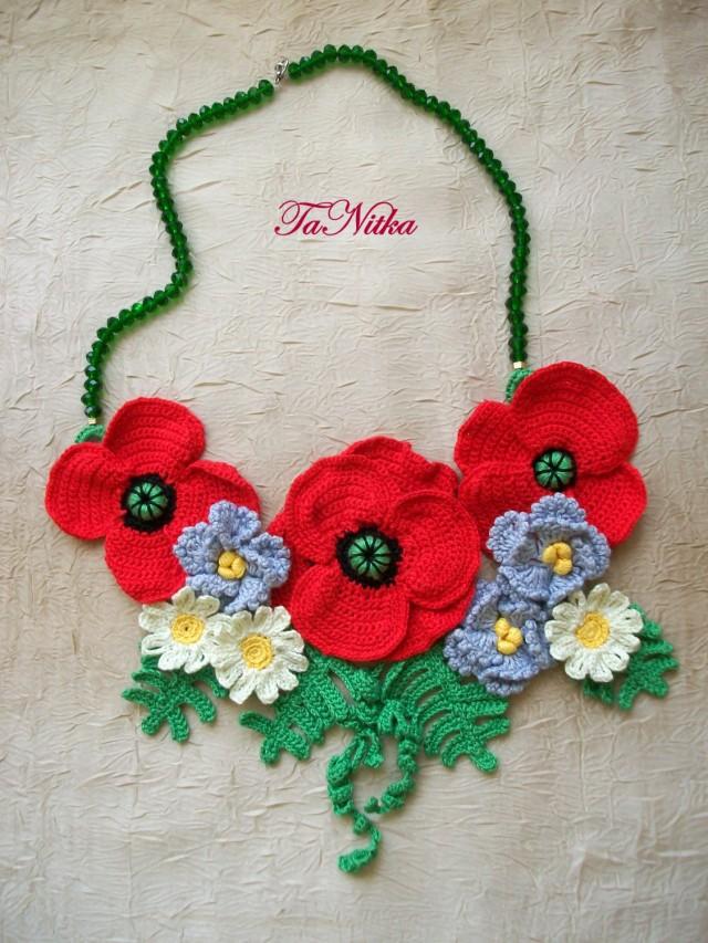 wedding photo - Necklace Crocheted Poppies Beads Red Flowers Neck Textile Jewelry Women's - $45.00 USD