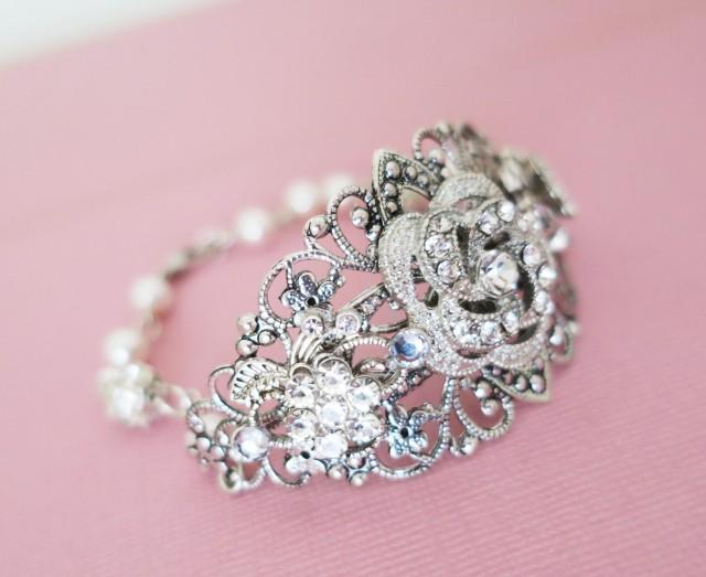 wedding photo - Pearl and Crystal Bracelet Bridal Statement Bracelet Wedding Cuff Bracelet Wedding Jewelry for Brides Vintage Style Bridal Jewelry Rose - $54.00 USD