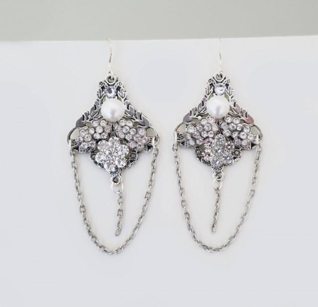 wedding photo - Silver Bridal Earrings Chandelier Earrings Wedding Jewelry for Bridesmaids Earring Sets 4, 5, 6, 7, 8, 9, 10, 11, 12 Large Statement Gatsby - $44.00 USD