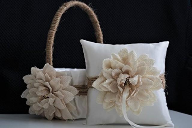 wedding photo - Rustic Ivory Beige Burlap Wedding Flower Girl Basket and Ring Bearer Pillow Set