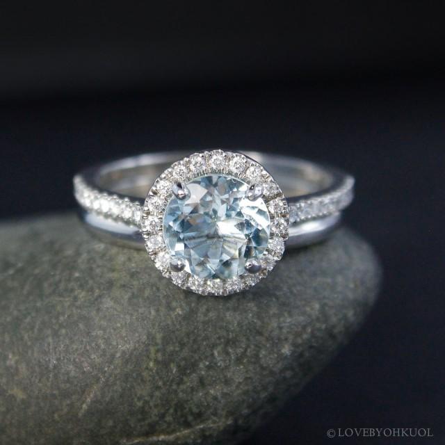 Diamond Halo Blue Aquamarine Engagement Ring – 14Kt Gold Comfort Fit Wedding Band