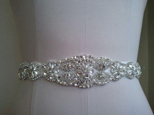 wedding photo - SALE - Wedding Belt, Bridal Belt, Sash Belt, Crystal Rhinestone  & Off White Pearls - Style B800117