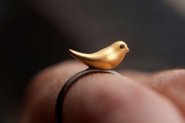 Bird Ring- Gold & Black Plated With Black Zircon Gemstones - Adjustable