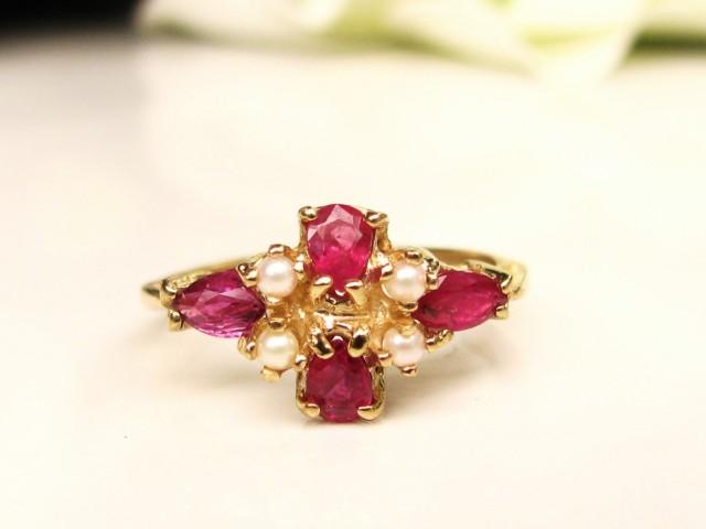 wedding photo - Vintage Red Spinel & Pearl Ring 14K Yellow Gold Vintage Promise Ring Alternative Engagement Ring Bridal Jewelry