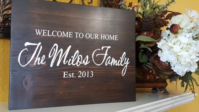 Personalized Family Last Name and Date Wood Sign- Welcome to Our Home Wedding Shower Gift Sign - Wedding Rustic Signs-Home Decor (2 sizes)
