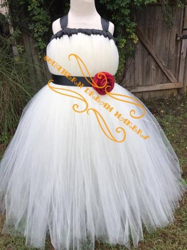 Ivory Flower Girl Dress, Elegant Flower girl dress, Country Chic Flower Girl Dress, Ivory and Black Flower Girl Dress