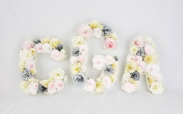 wedding photo - 3 Paper mache floral Letters in blush, grey and ivory paper flowers, Wedding floral initials, Flower monogram, Paper letter - $258.99 USD