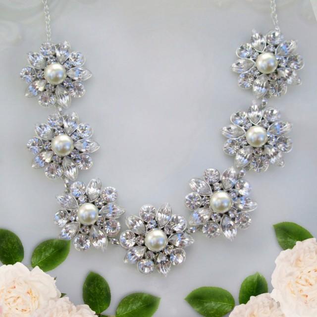 wedding photo - Crystal and Pearl, Wedding Statement necklace, Bridal jewelry, Rhinestone necklace with Pearls Wedding Jewelry, Chunky silver Necklace - $62.50 USD
