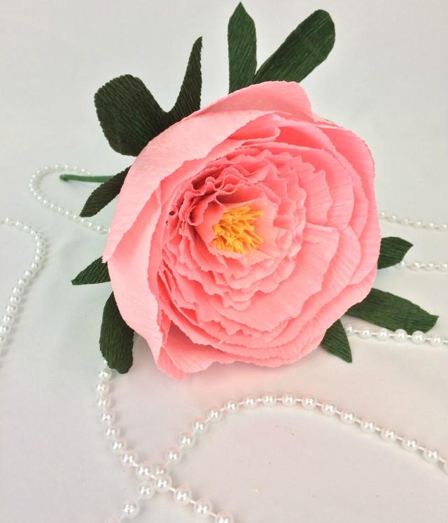 wedding photo - Crepe paper peony with leaves, Paper peony, Crepe paper flower, Handmade paper peony, Paper flower, Wedding decor, Nursery decor, Home decor - $5.99 USD