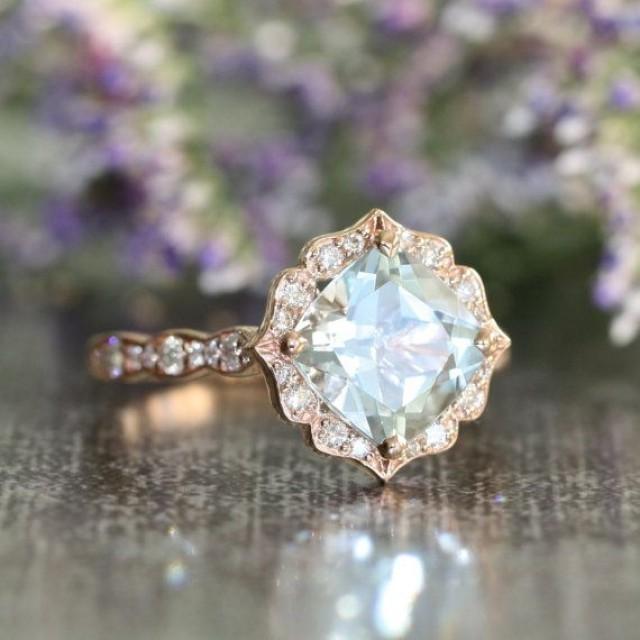 Vintage Floral Aquamarine Engagement Ring In 14k Rose Gold Scalloped Diamond Wedding Band 8x8mm Cushion Cut Gemstone Ring March Birthstone